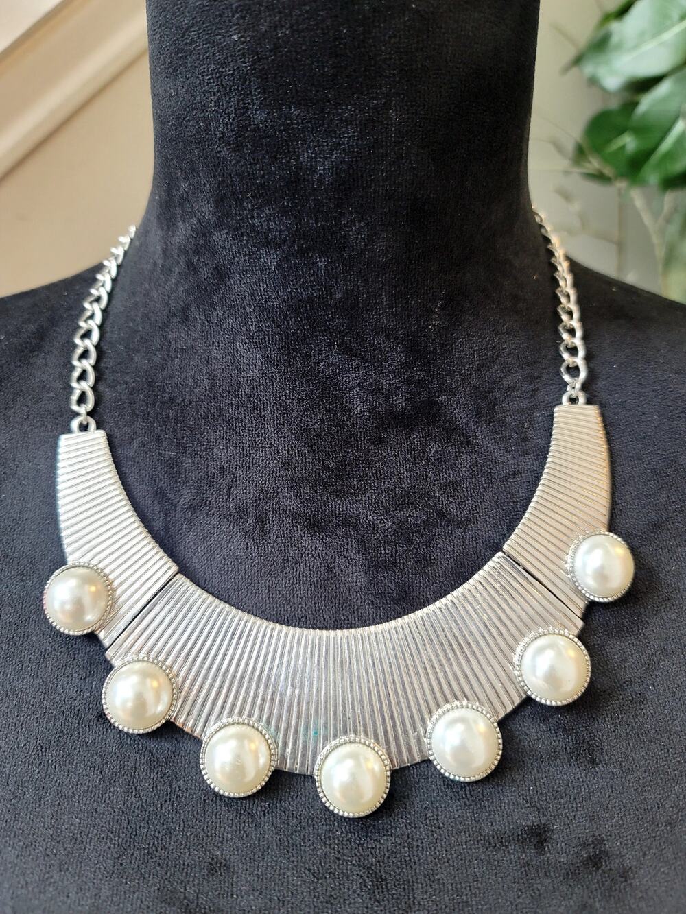 Silver Tone Pearl Cabochon Bib Statement Necklace Modern